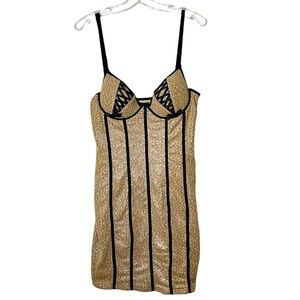 Corset Mini Dress Bodycon Gold Shimmer with Black Piping Sexy Size Large